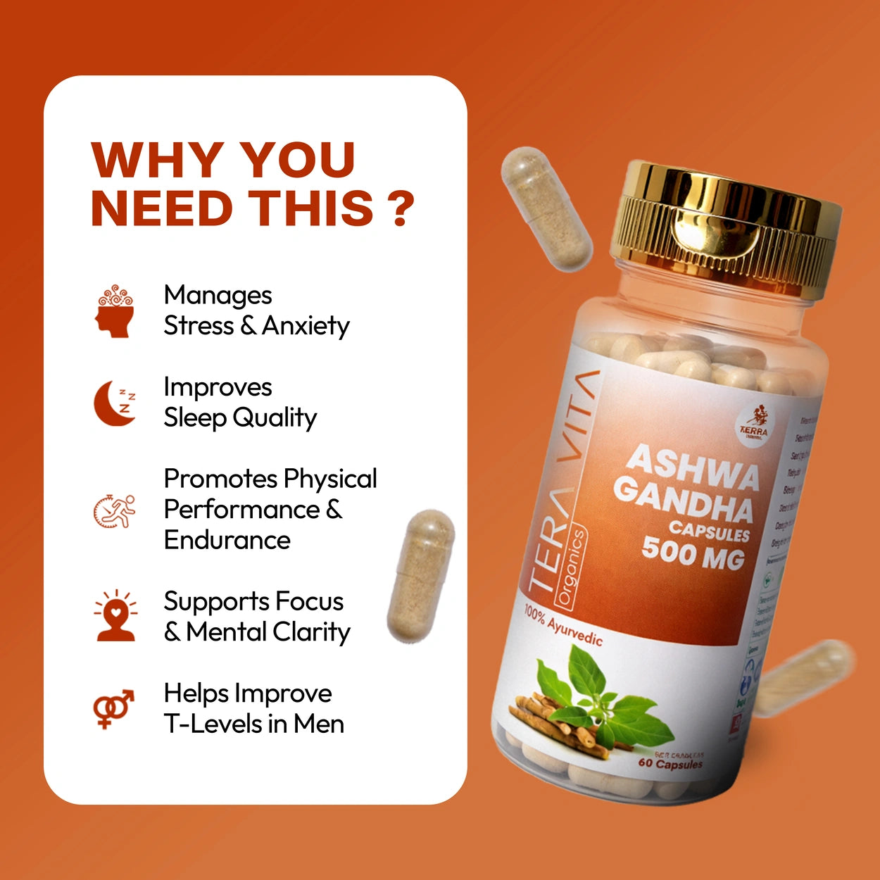 Ashwagandha Capsules 500mg – Stress Relief & Stamina Support – 60 Capsules